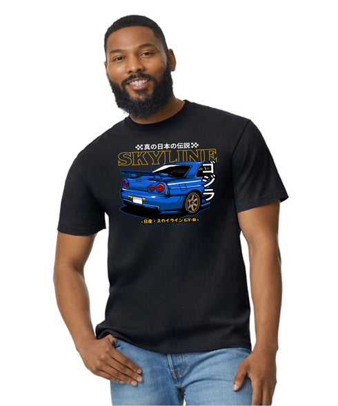 JDM T-Shirt Japanese Modified Automotive Street Drift Drag Race Car Skyline Blue Rear 23