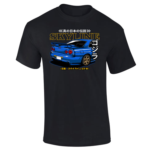 JDM T-Shirt Japanese Modified Automotive Street Drift Drag Race Car Skyline Blue Rear 23